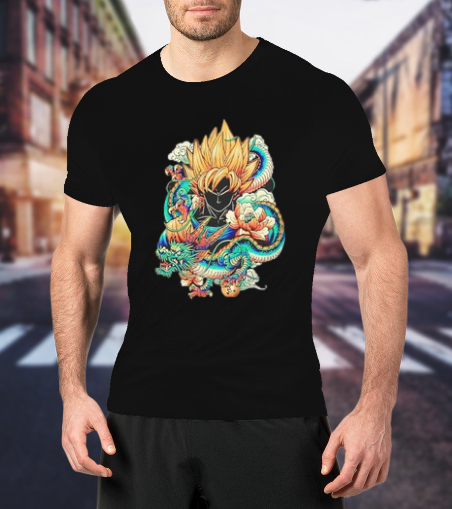 Colorful Dragon Ball Z Super Saiyan Goku With Dragon Serpent And Clouds T-Shirt