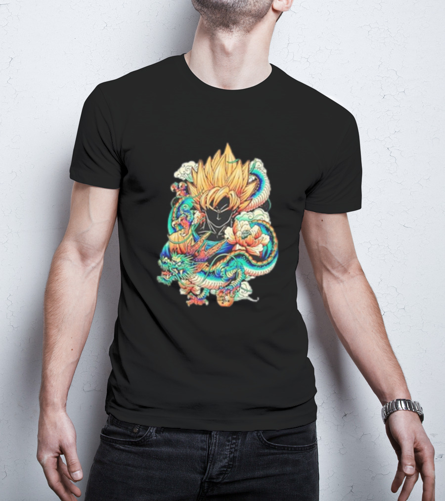 Colorful Dragon Ball Z Super Saiyan Goku With Dragon Serpent And Clouds T-Shirt