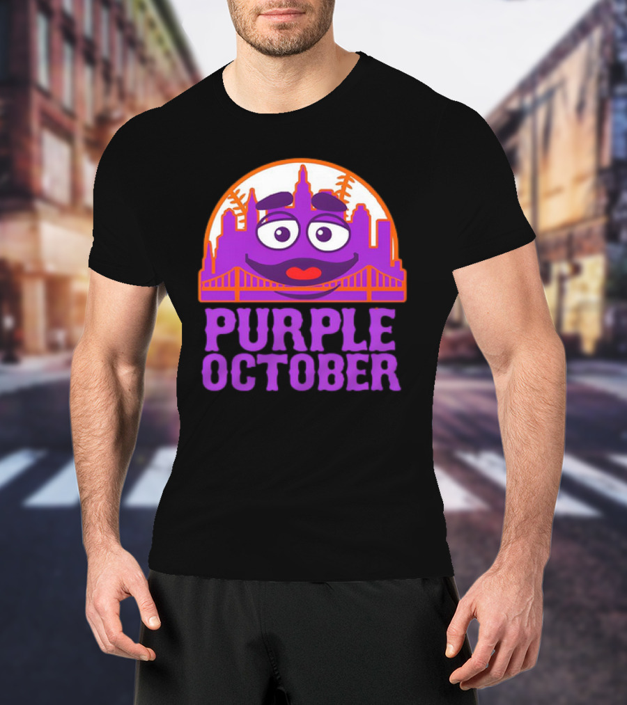 Grimace Purple October New York Mets MLB Skyline Baseball T-Shirt