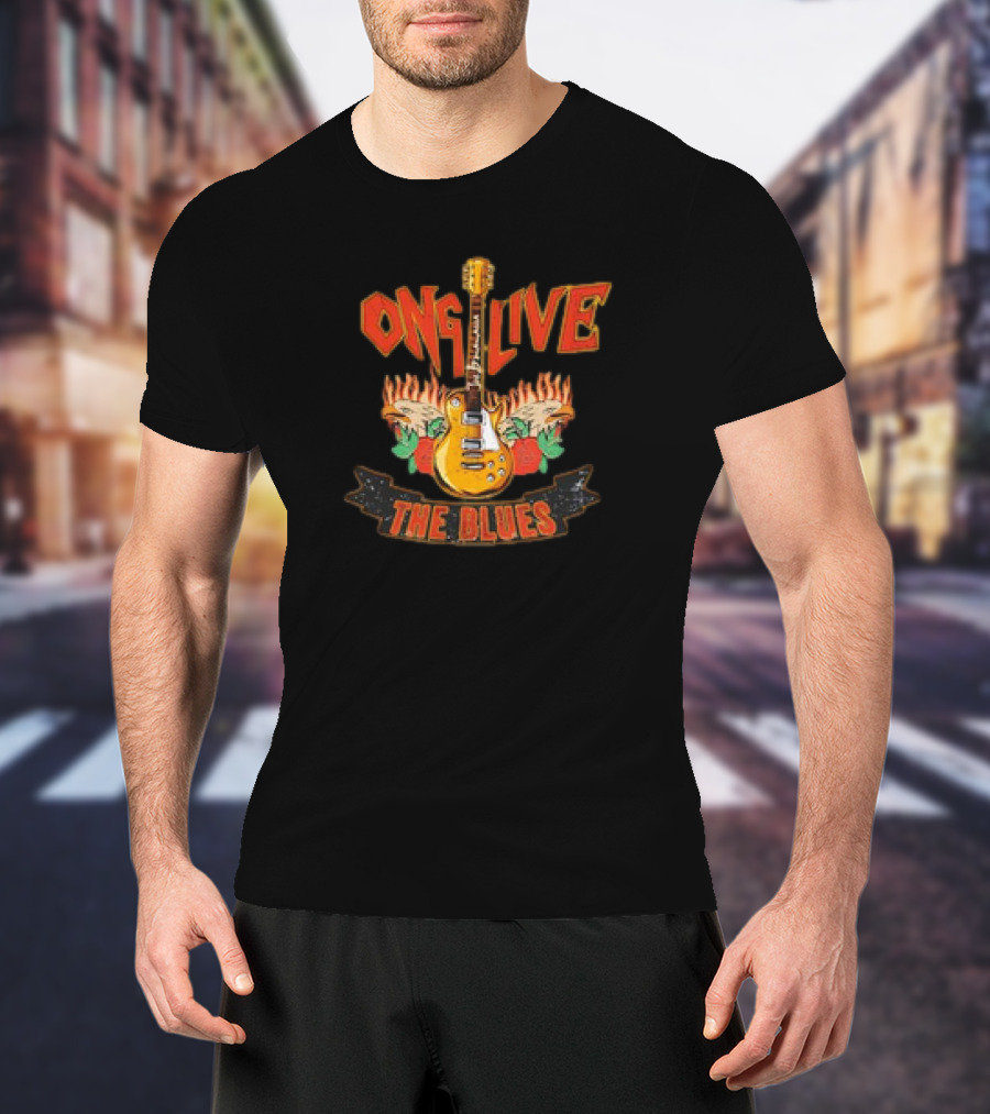 Long Live The Blues Guitar Flames And Roses T-Shirt