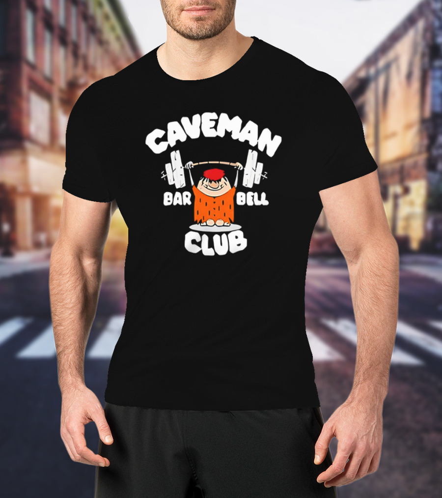 Caveman Club Bar Bell Weightlifting Cartoon T-Shirt