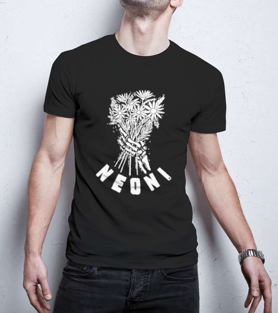 Neoni Skeleton Hand Holding Daisies Bouquet T-Shirt