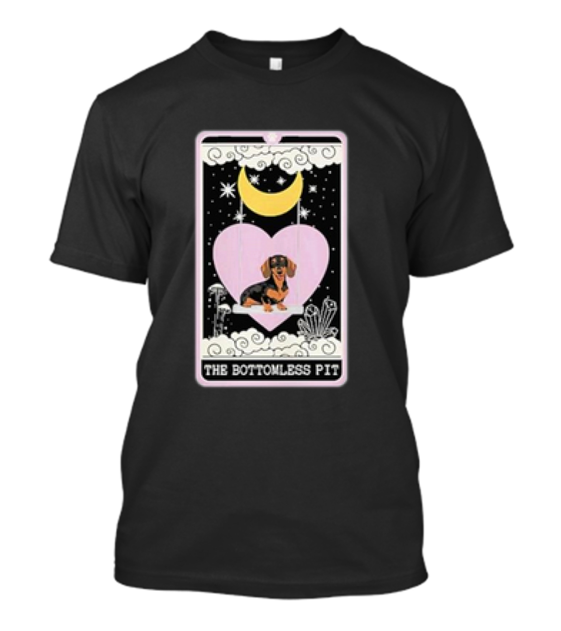 Dachshund Under Crescent Moon In Heart With Stars The Bottomless Pit T-Shirt