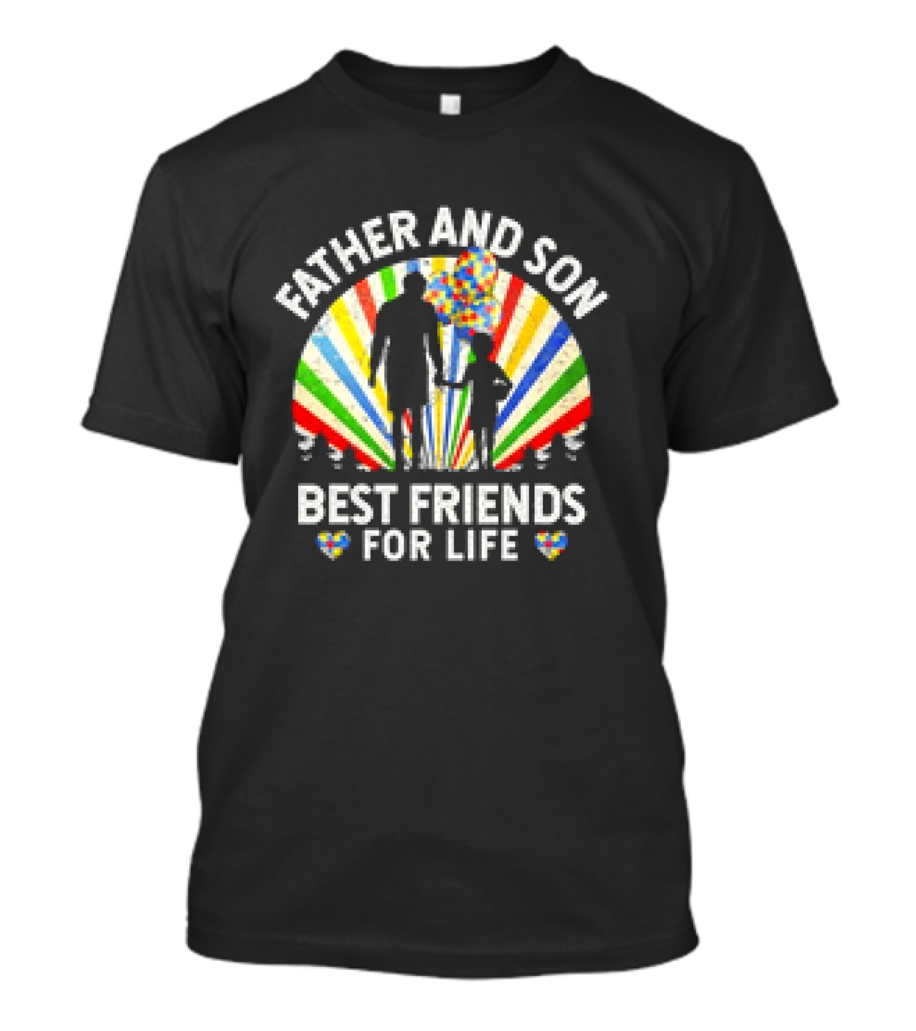 Father And Son Best Friends For Life Colorful Autism Awareness Ribbon Hearts T-Shirt
