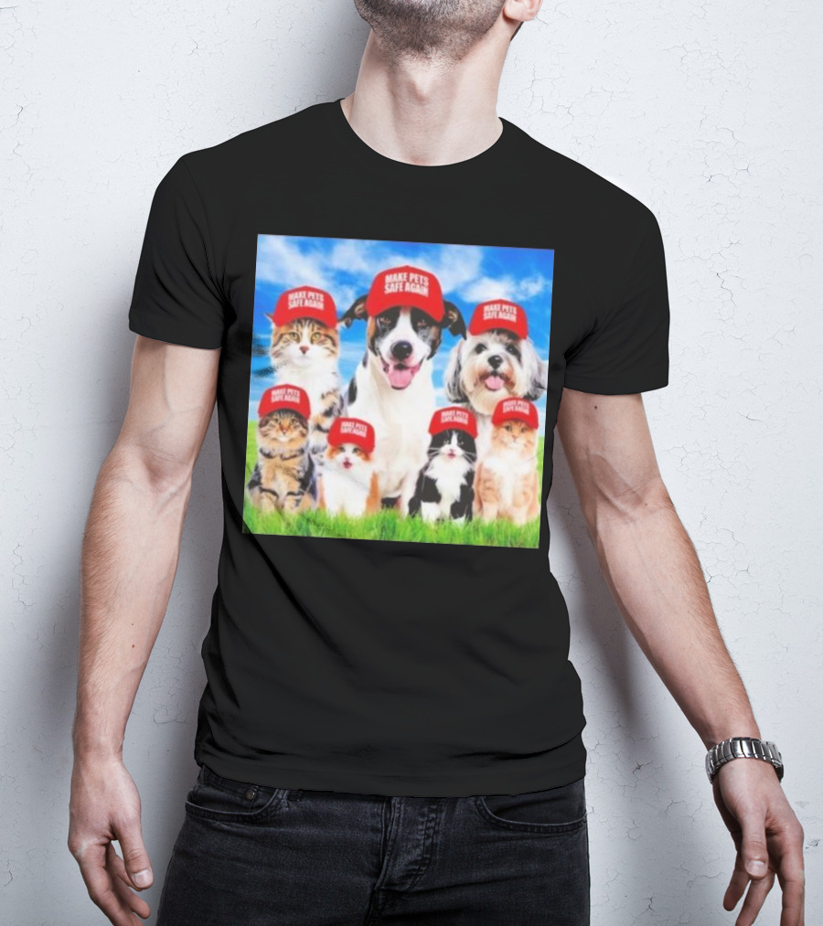 Six Cats And Dogs Wearing Red Make Pets Safe Again Hats On Green Grass T-Shirt