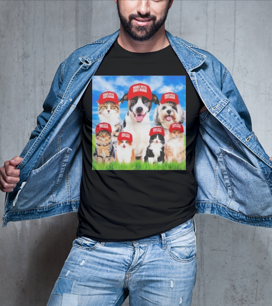 Six Cats And Dogs Wearing Red Make Pets Safe Again Hats On Green Grass T-Shirt
