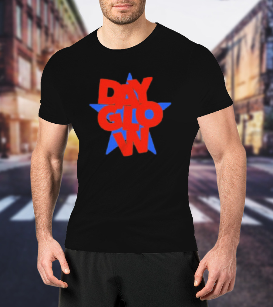 Day Glow Red Blue Star Stacked Black T-Shirt