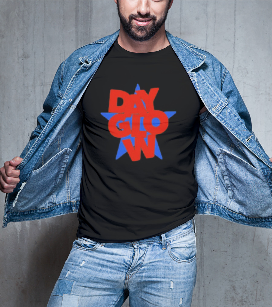 Day Glow Red Blue Star Stacked Black T-Shirt