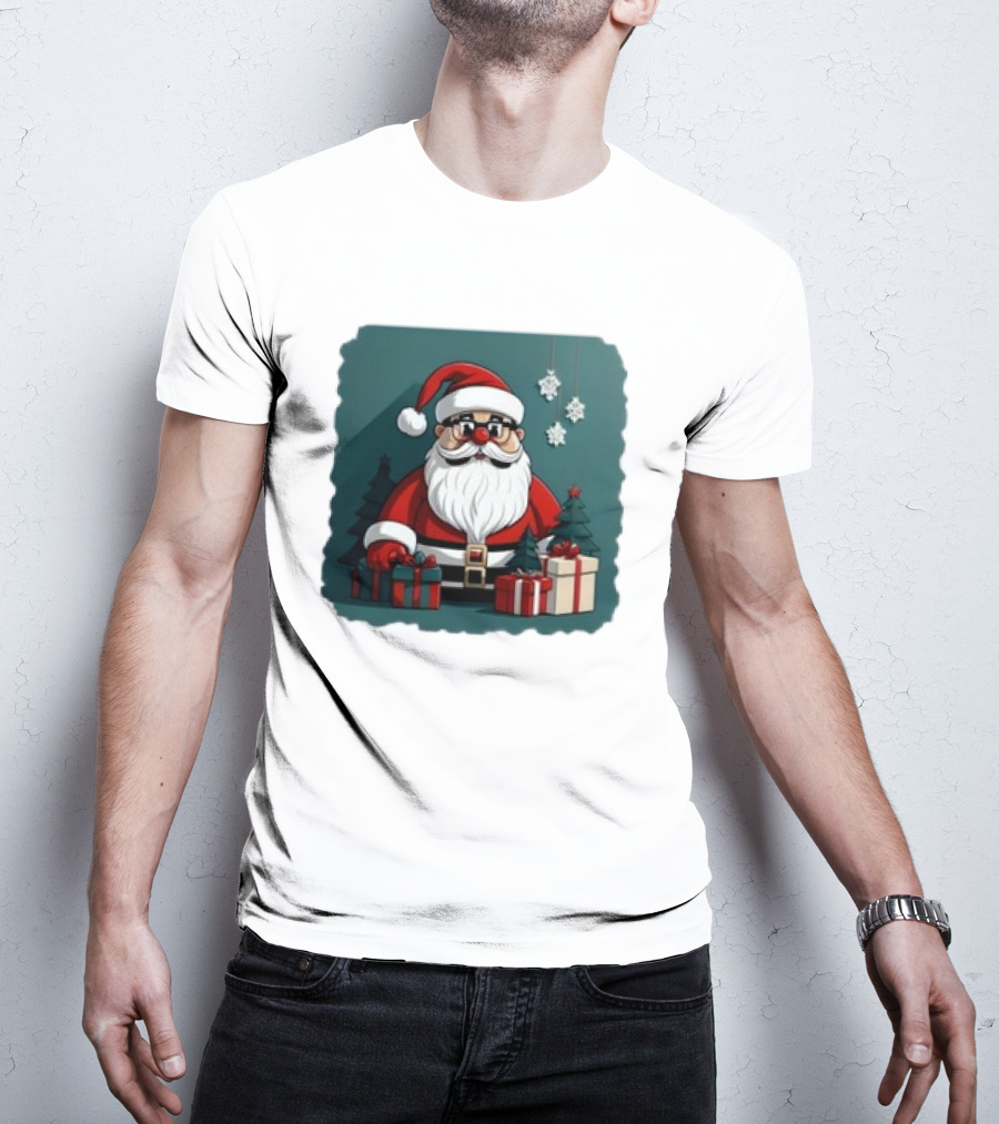 Santa Claus With Snowflakes And Presents Christmas Holiday Scene T-Shirt