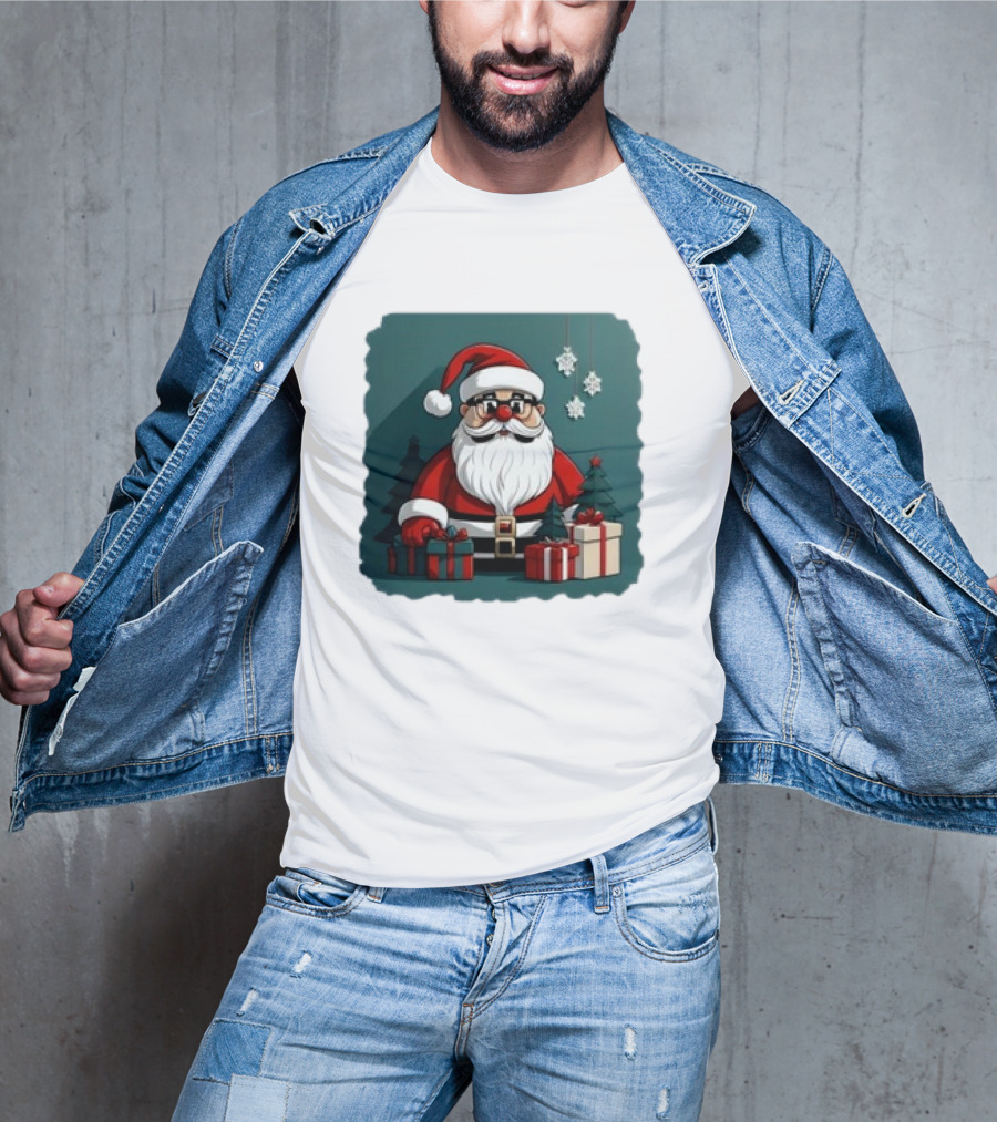 Santa Claus With Snowflakes And Presents Christmas Holiday Scene T-Shirt