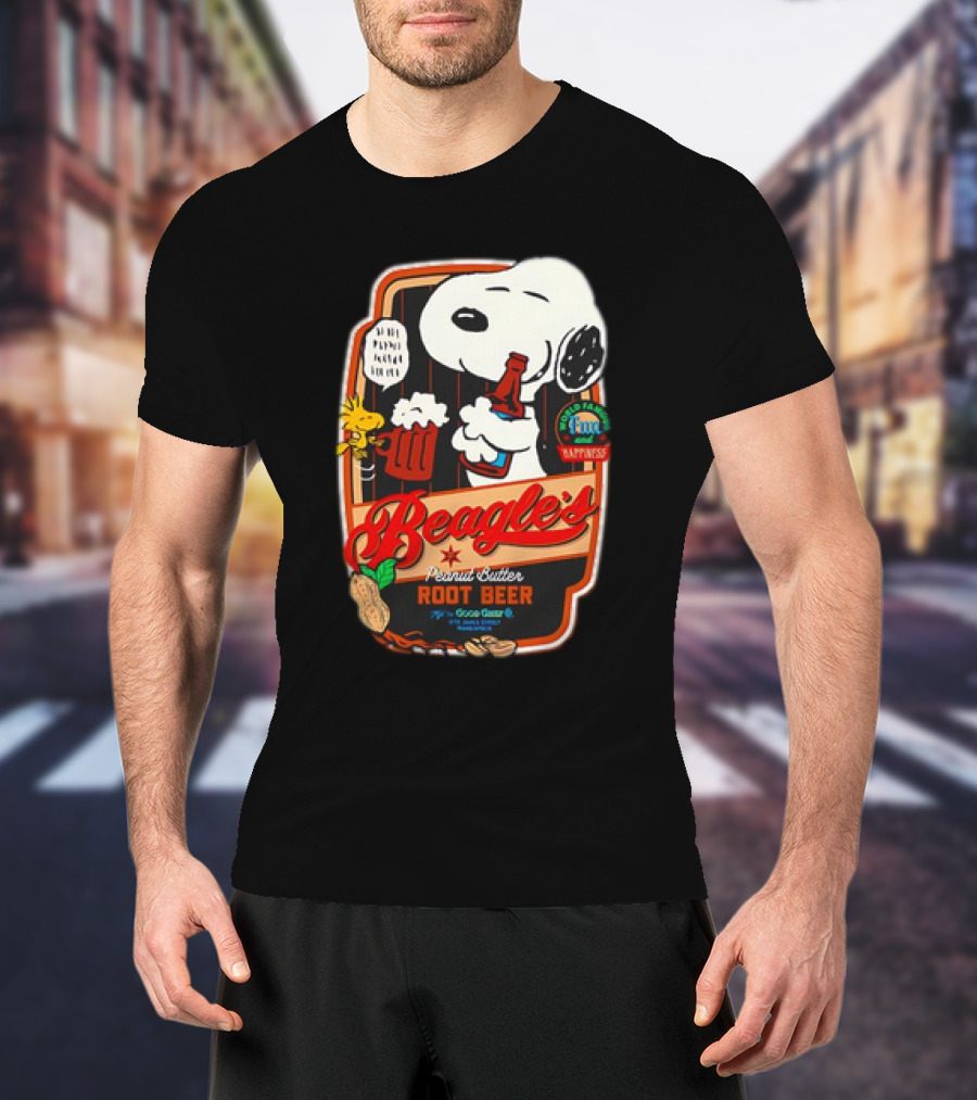 Snoopy And Woodstock Beagle's Peanut Butter Root Beer Good Grief Co Happiness T-Shirt