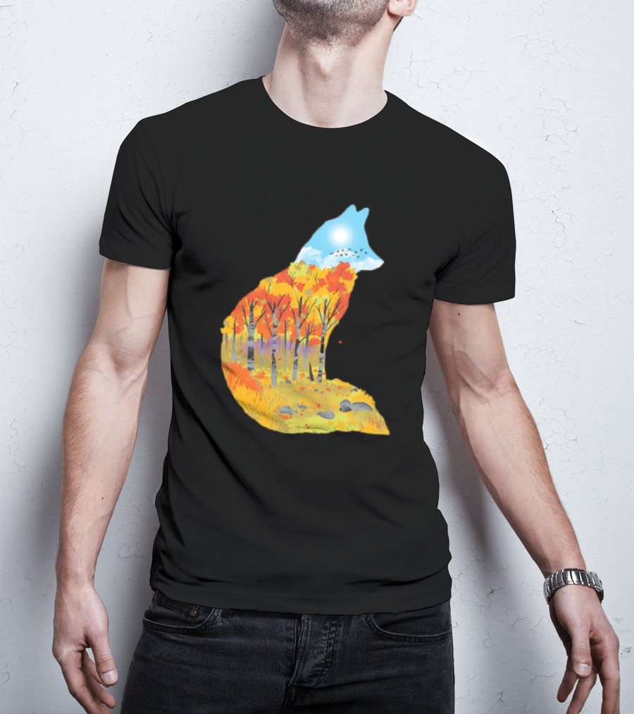 Fox Autumn Forest Landscape With Sun And Birds - I Am The Forest II T-Shirt