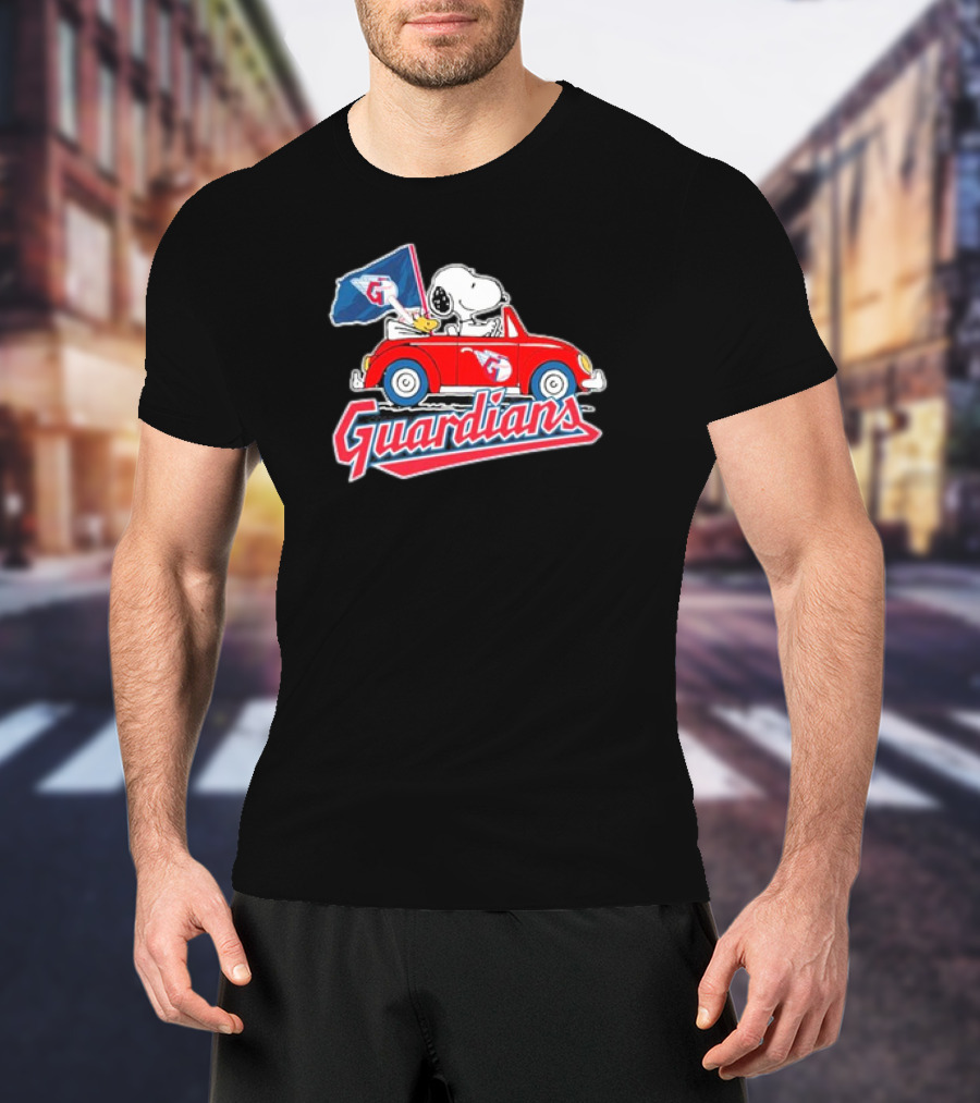 Peanuts Snoopy Woodstock Driving Car Cleveland Guardians Flag T-Shirt