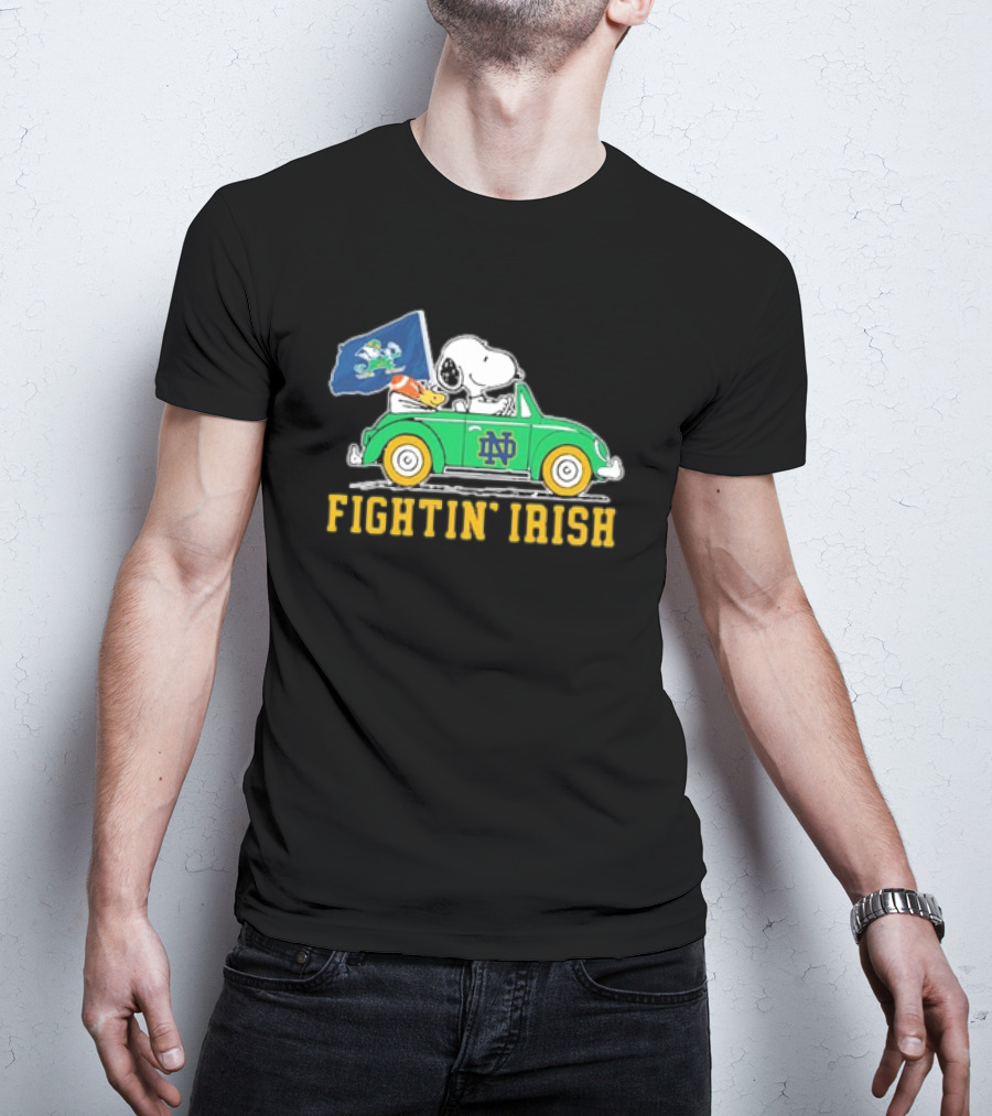 Peanuts Snoopy Woodstock Driving Notre Dame Fighting Irish Car T-Shirt