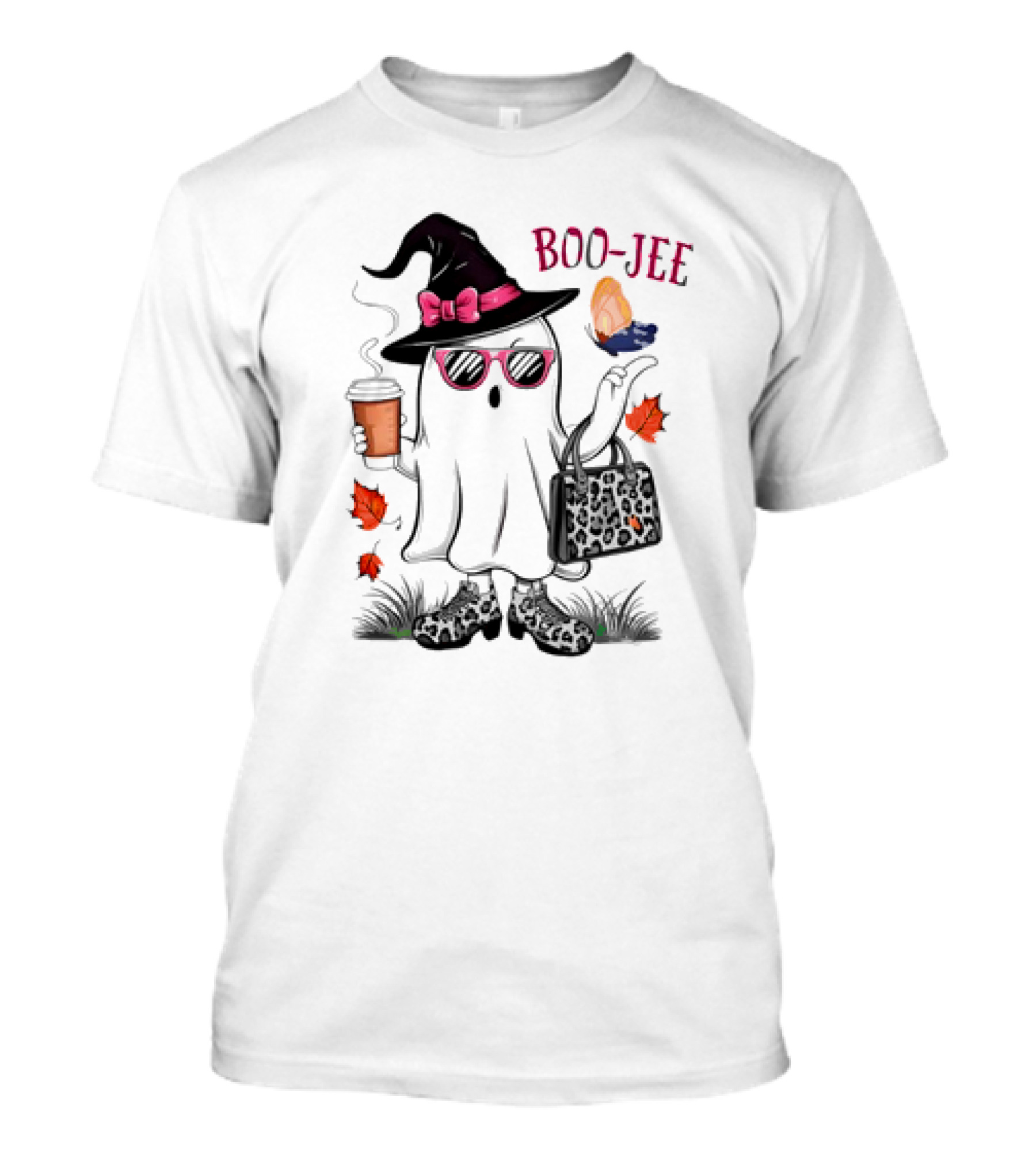 Boo Jee Leopard Ghost Fall Vibes With Hat And Coffee T-Shirt