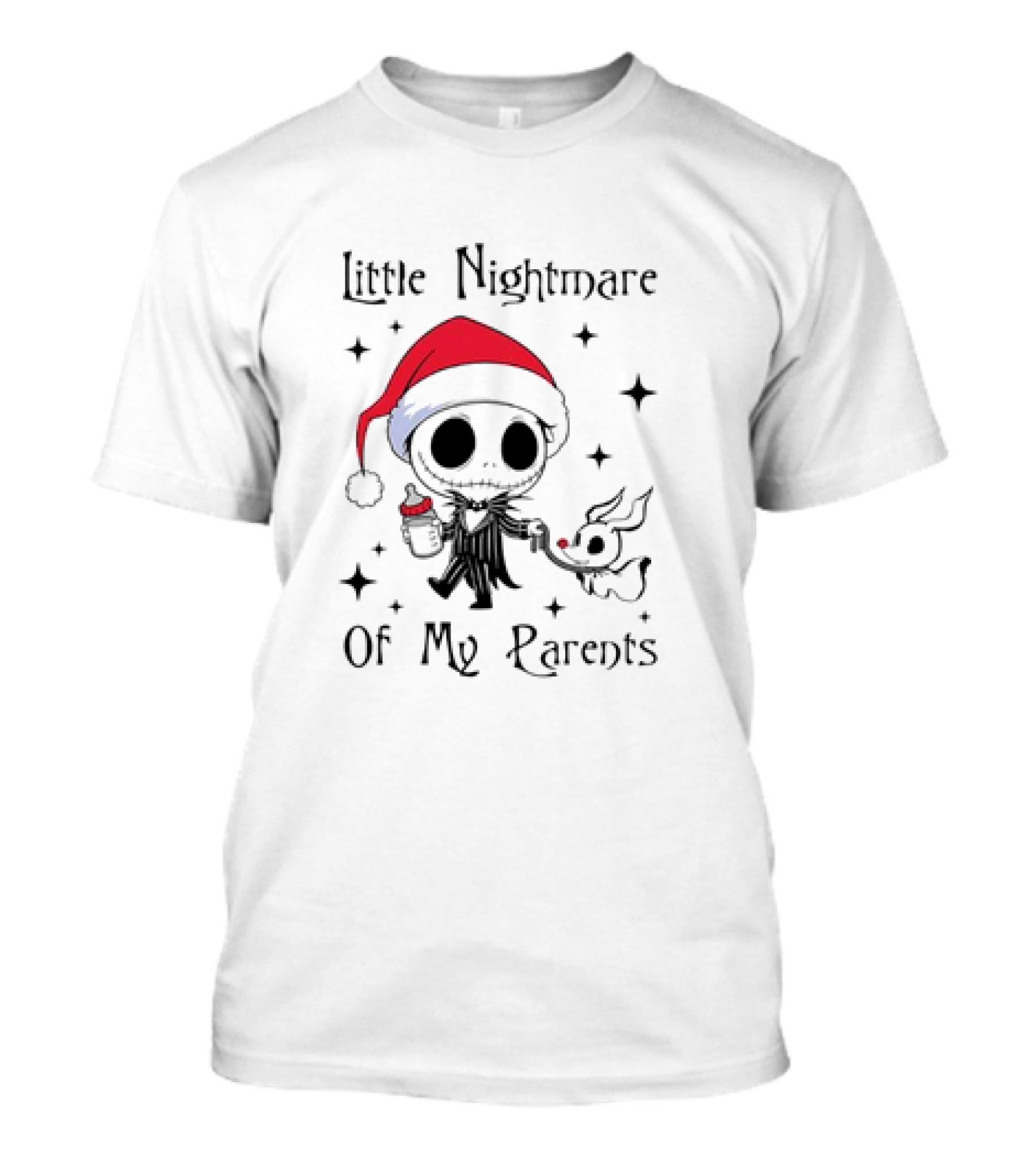 Little Nightmare Of My Parents Jack Skellington Santa Hat Holding Milk And Dog T-Shirt