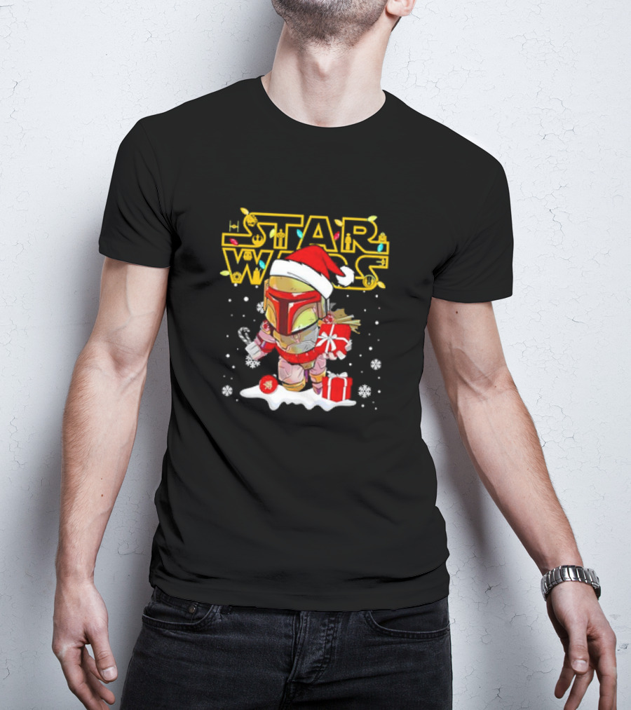 Disneyland Star Wars Boba Fett Christmas Santa Hat And Gifts Snowflakes T-Shirt