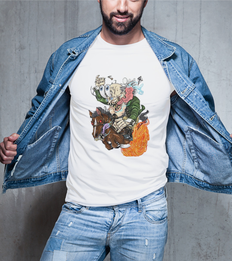 Ben FINKlin Surreal Dual-Eyed Figure On Flame-Engulfed Horse T-Shirt