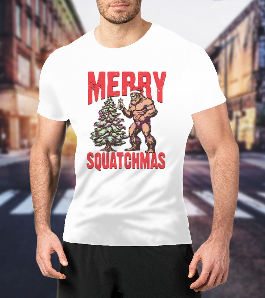 Merry Squatchmas Bigfoot Santa Hat Christmas Tree T-Shirt