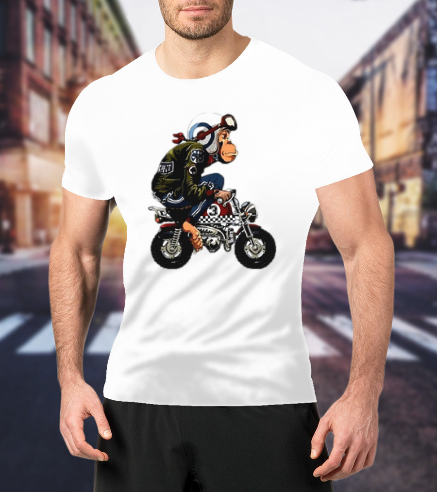 Monkey Riding Checkered Mini Bike Cartoon T-Shirt