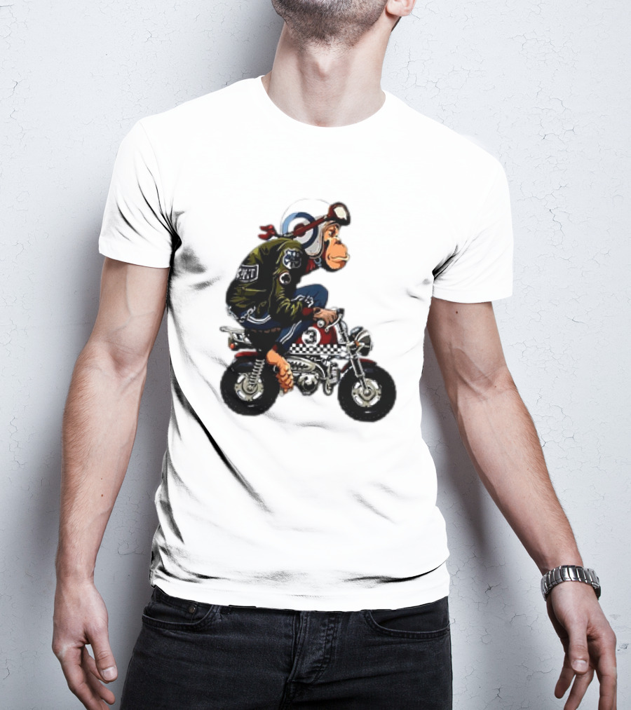 Monkey Riding Checkered Mini Bike Cartoon T-Shirt