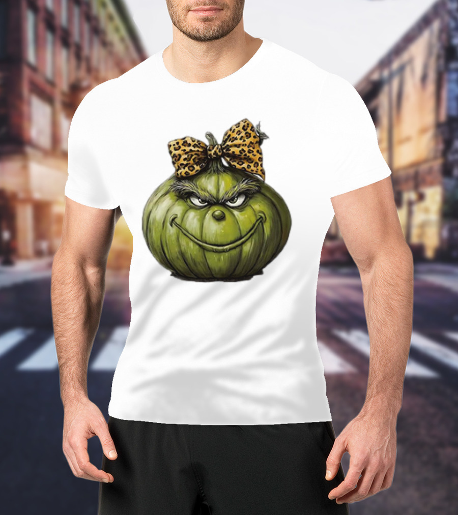 Retro Vintage Leopard Bow Grinch Pumpkin T-Shirt