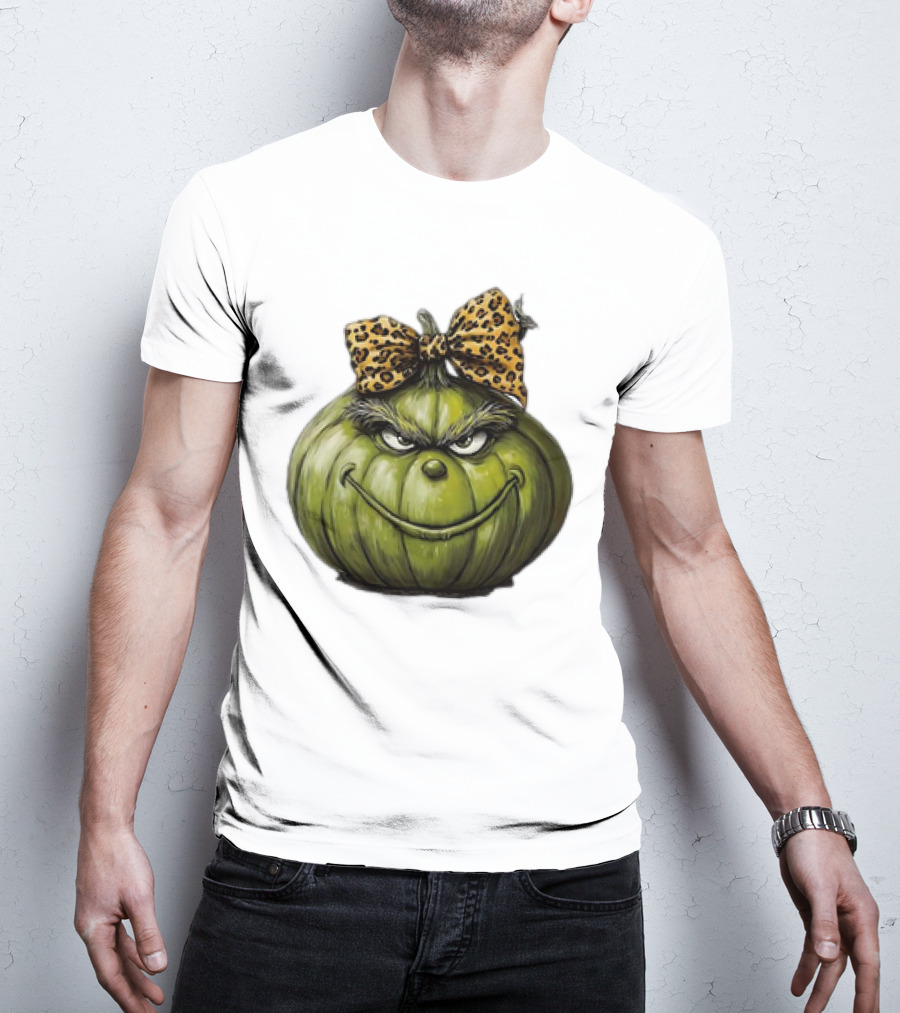 Retro Vintage Leopard Bow Grinch Pumpkin T-Shirt
