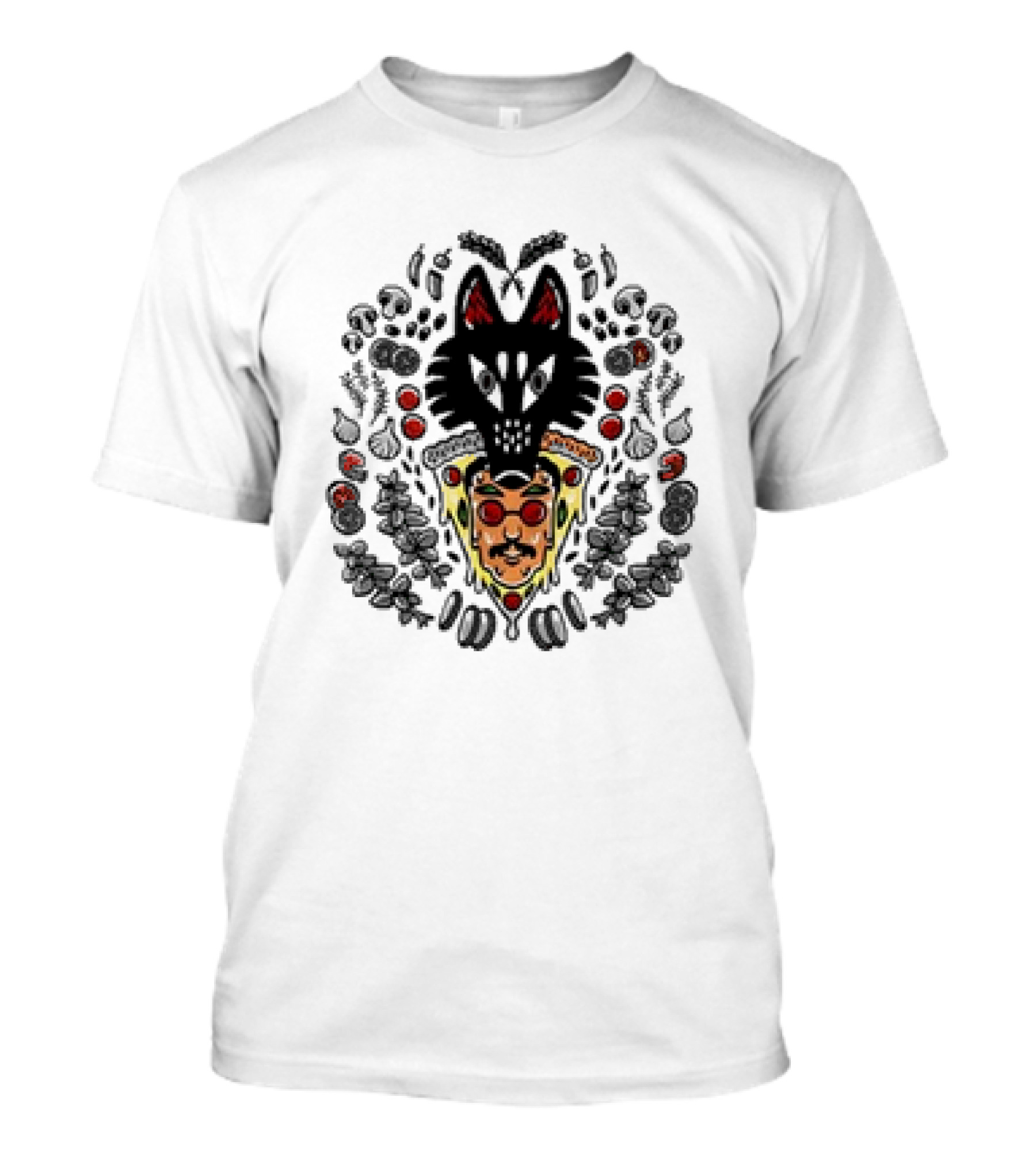 Pizzamas Wolf Pizza John Pizza Slice And Wolf Face Surrounded By Toppings T-Shirt