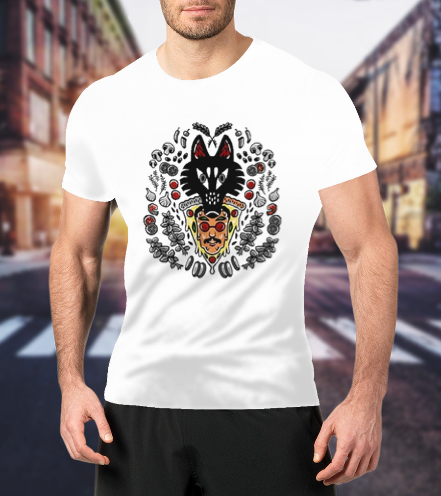 Pizzamas Wolf Pizza John Pizza Slice And Wolf Face Surrounded By Toppings T-Shirt