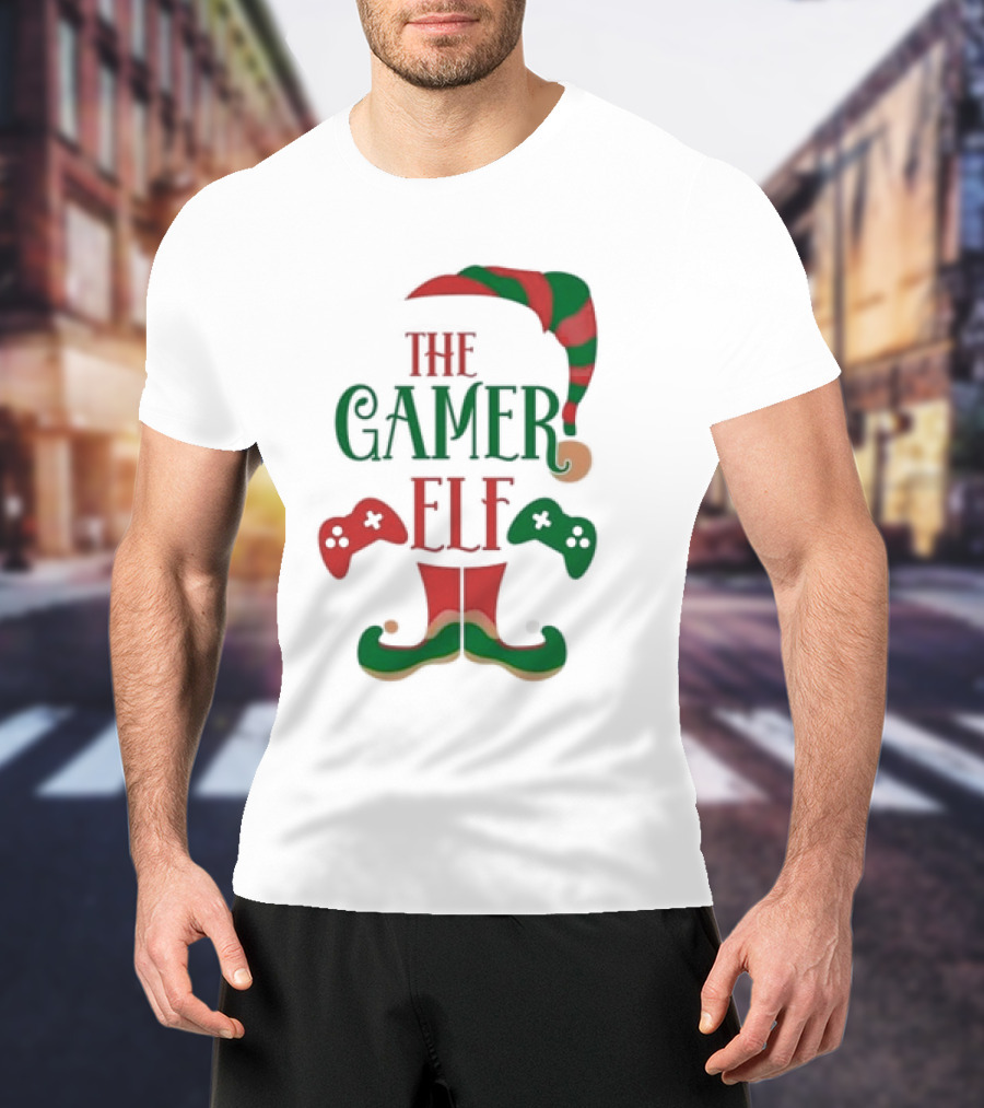 The Gamer Elf With Christmas Hat And Controllers T-Shirt