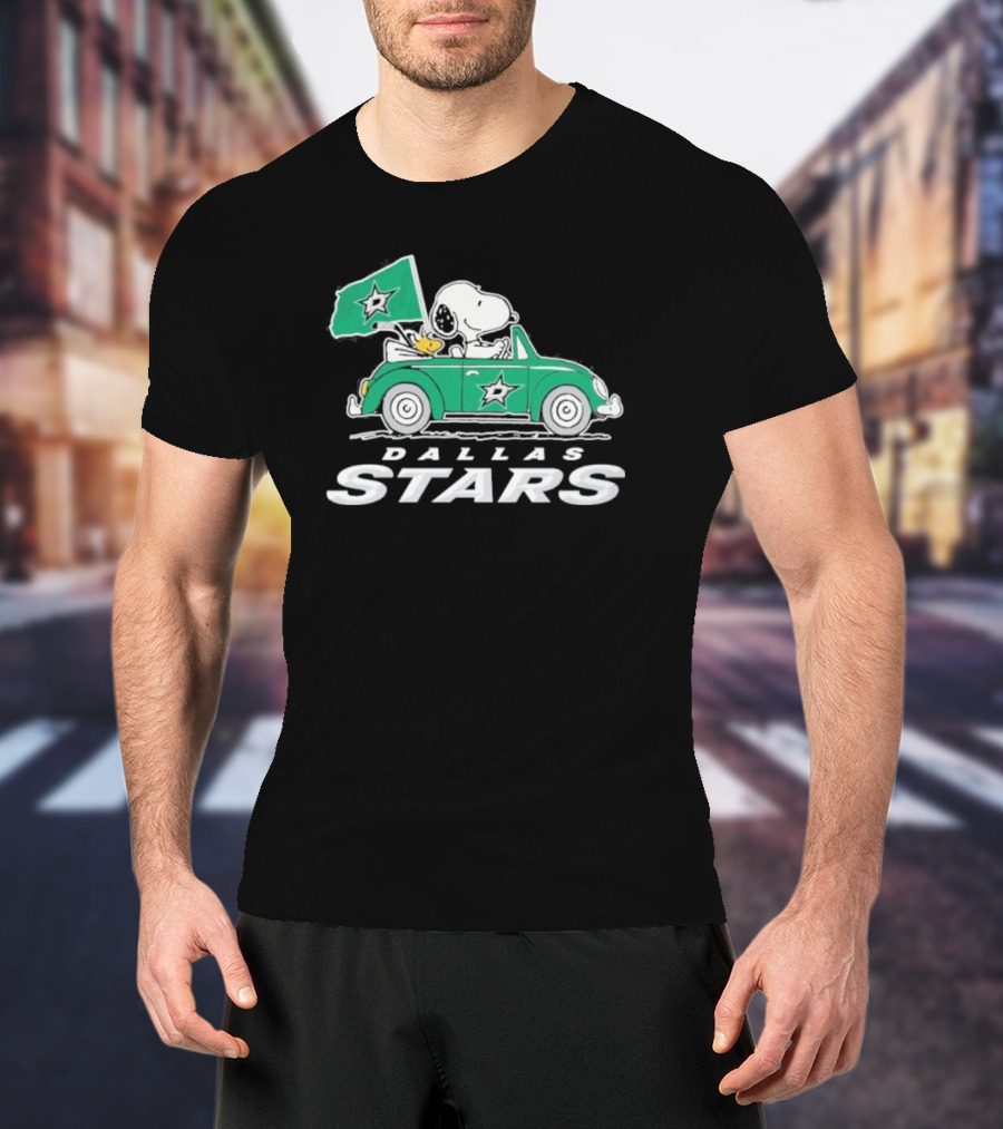 Snoopy And Woodstock Driving Green Car With Dallas Stars Flag T-Shirt