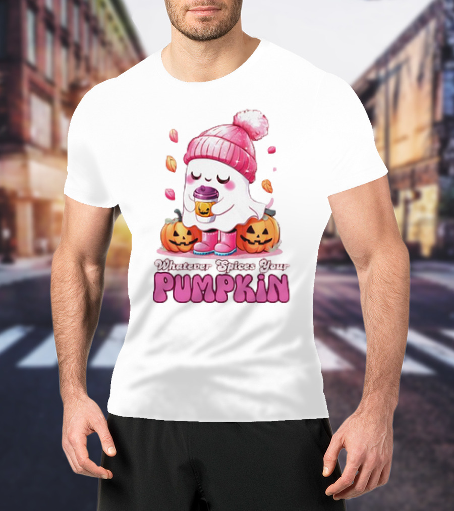 Ghost In Pink Beanie With Coffee And Pumpkins Whatever Spices Your Pumpkin T-Shirt