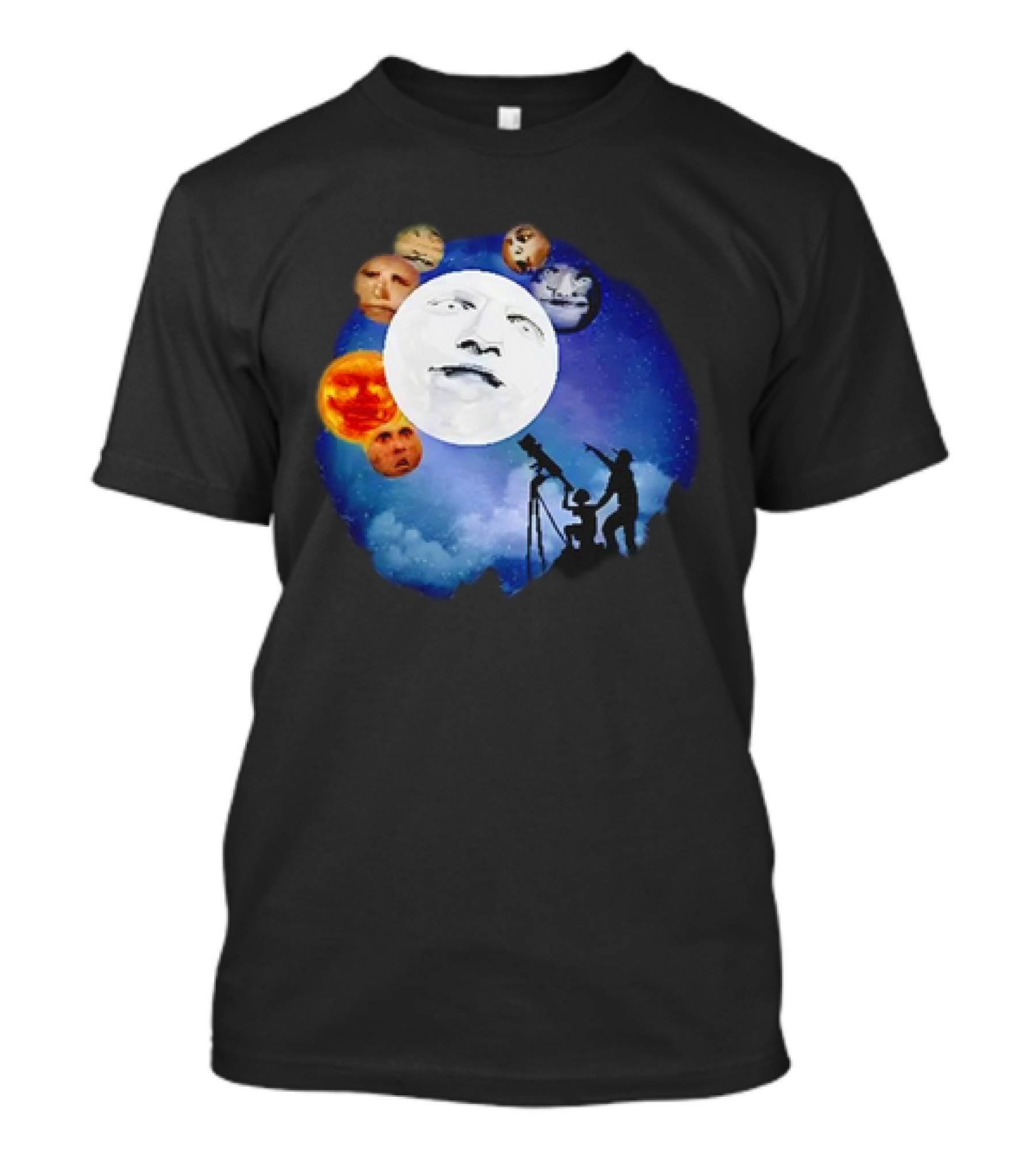 Man And Child Stargazing At Moon And Face Planets T-Shirt