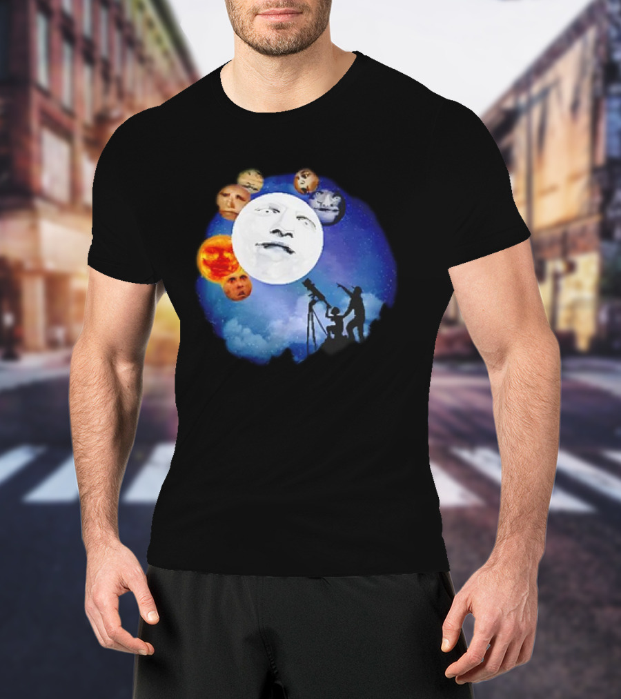 Man And Child Stargazing At Moon And Face Planets T-Shirt
