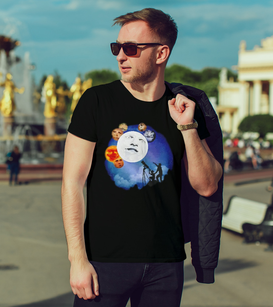 Man And Child Stargazing At Moon And Face Planets T-Shirt