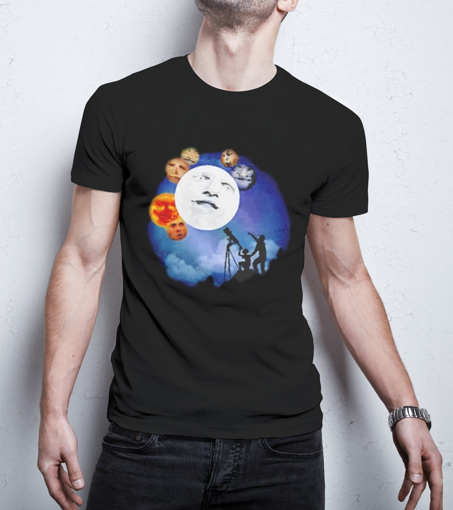 Man And Child Stargazing At Moon And Face Planets T-Shirt