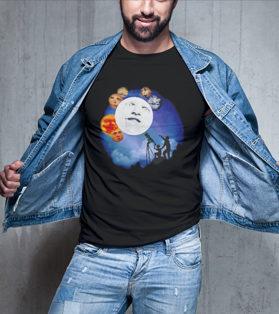 Man And Child Stargazing At Moon And Face Planets T-Shirt