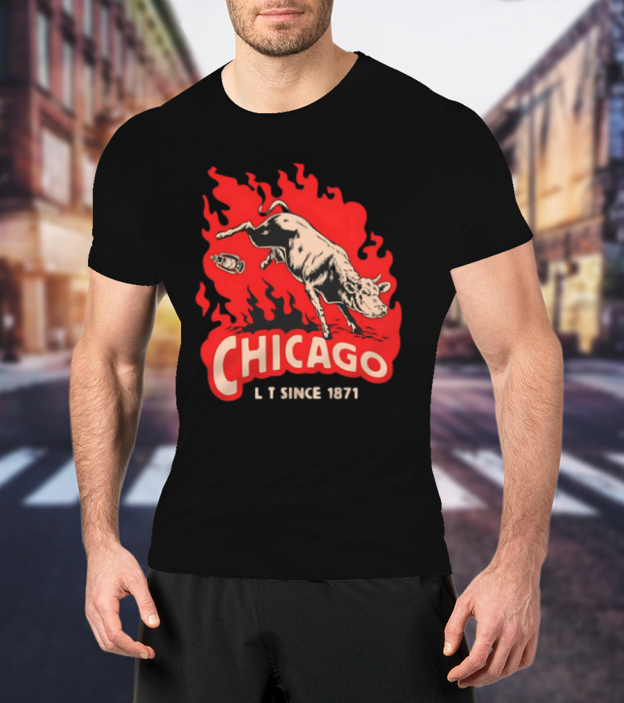 Chicago Lit Since 1871 Kicking Cow Flame T-Shirt