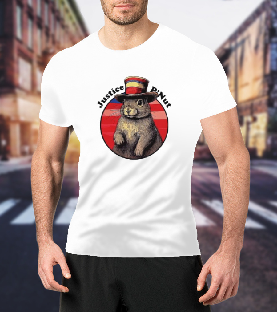 Justice P’Nut Squirrel Wearing Vintage Hat With Red Blue Stripes T-Shirt