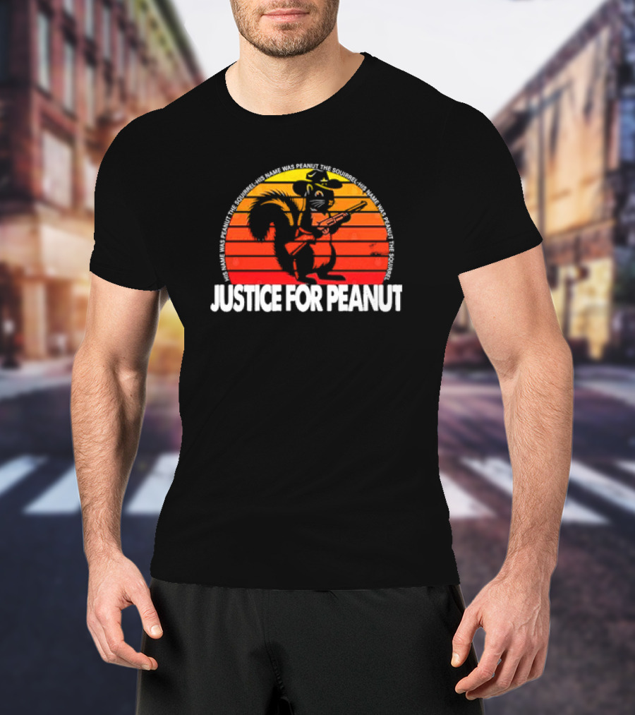 Justice For Peanut His Name Was Peanut The Squirrel Retro Sunset Squirrel With Hat And Gun T-Shirt