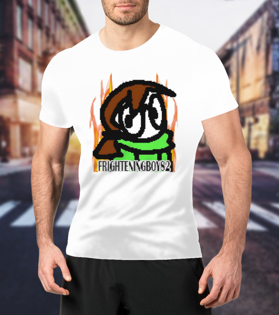 FRIGHTENINGBOY82 Leaf Pixel Art Character With Green Scarf And Flames T-Shirt
