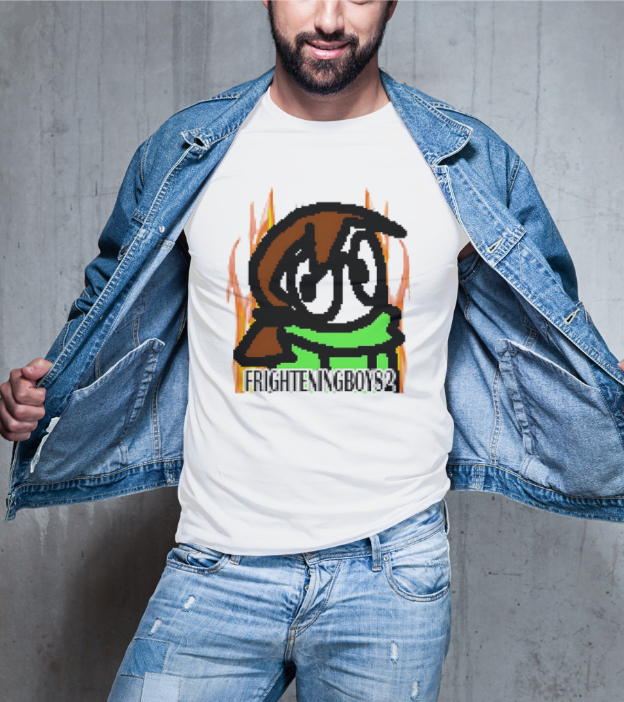 FRIGHTENINGBOY82 Leaf Pixel Art Character With Green Scarf And Flames T-Shirt