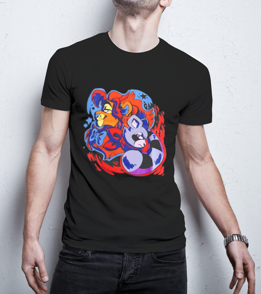 Lion And Raccoon Cartoon With Colorful Flowing Manes And Scarves T-Shirt