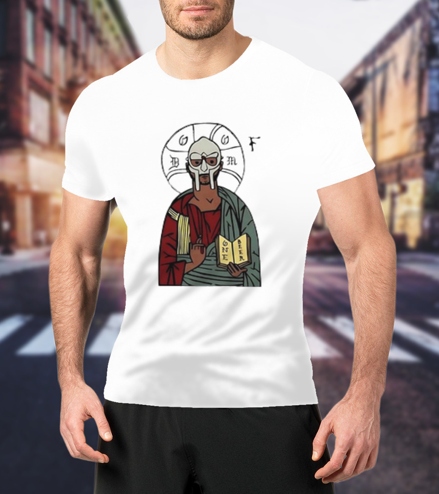 MF DOOM Cartoon Iconic Mask With Sacred Imagery And Open Book One Beer T-Shirt