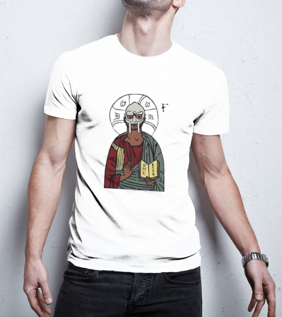 MF DOOM Cartoon Iconic Mask With Sacred Imagery And Open Book One Beer T-Shirt