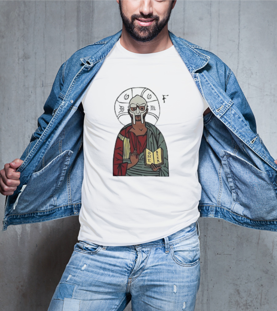 MF DOOM Cartoon Iconic Mask With Sacred Imagery And Open Book One Beer T-Shirt