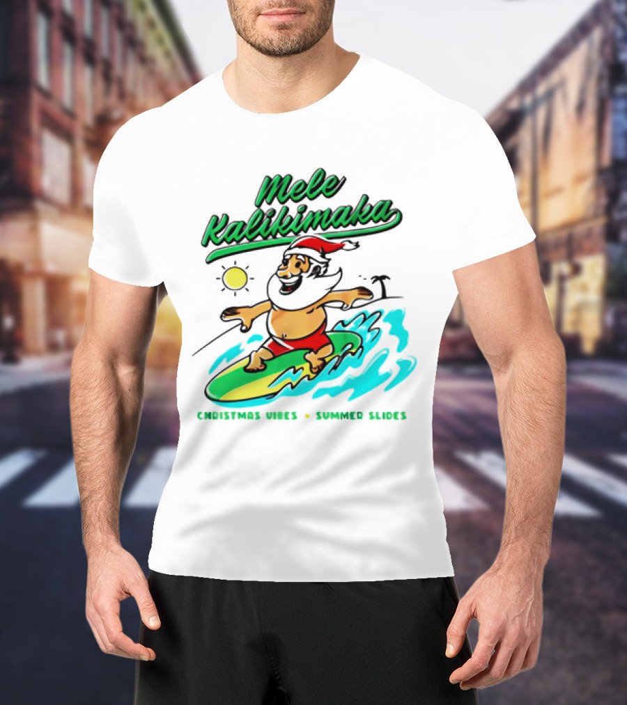 Mele Kalikimaka Santa Claus Surfing Christmas Vibes Summer Slides T-Shirt