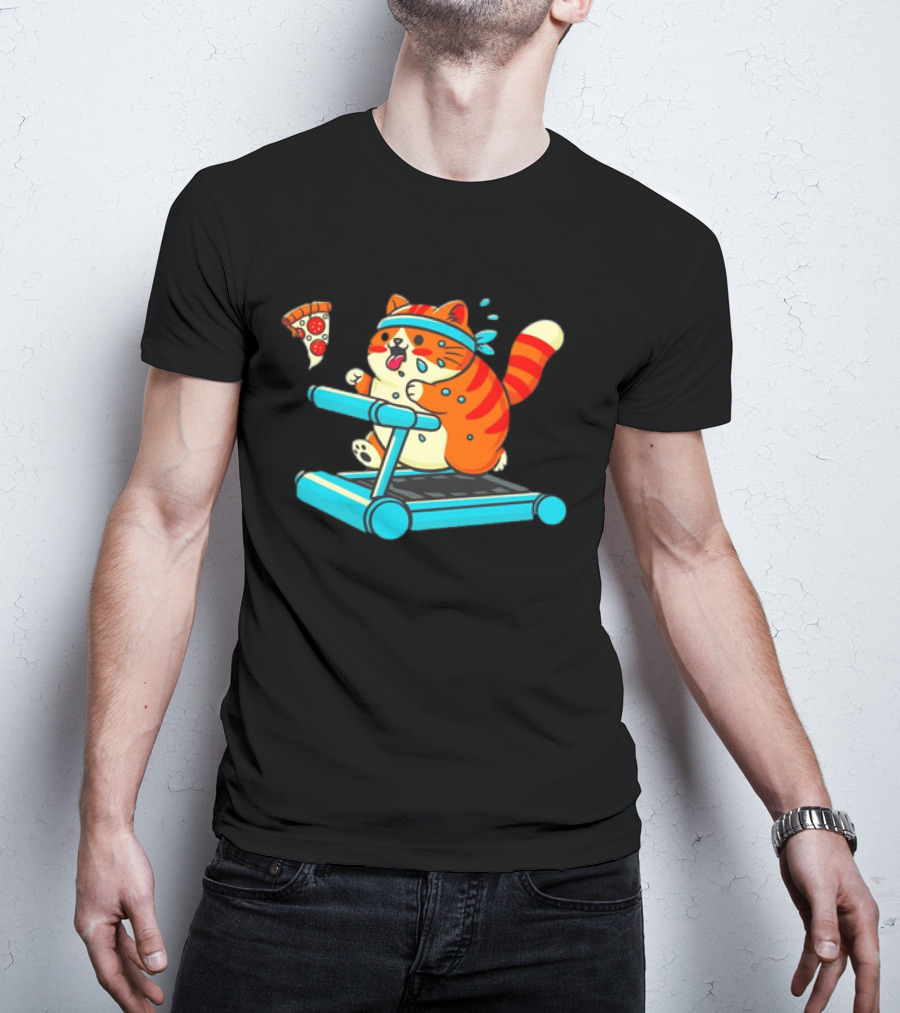 Chasing Dreams And Pizza Slices Chonky Cat Running On Treadmill T-Shirt