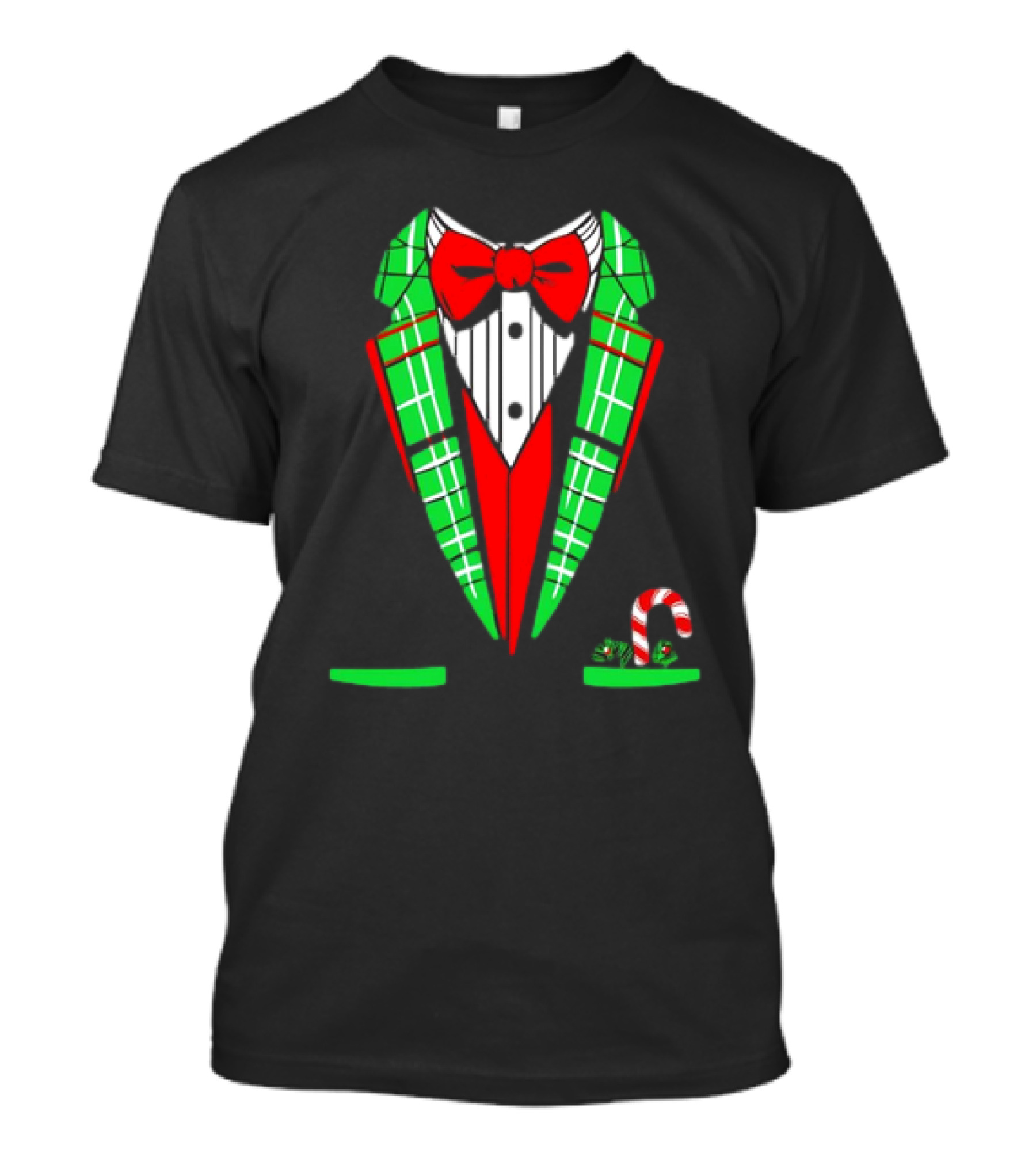 Santa Tuxedo Christmas Suit Candy Cane Plaid Bow Tie T-Shirt