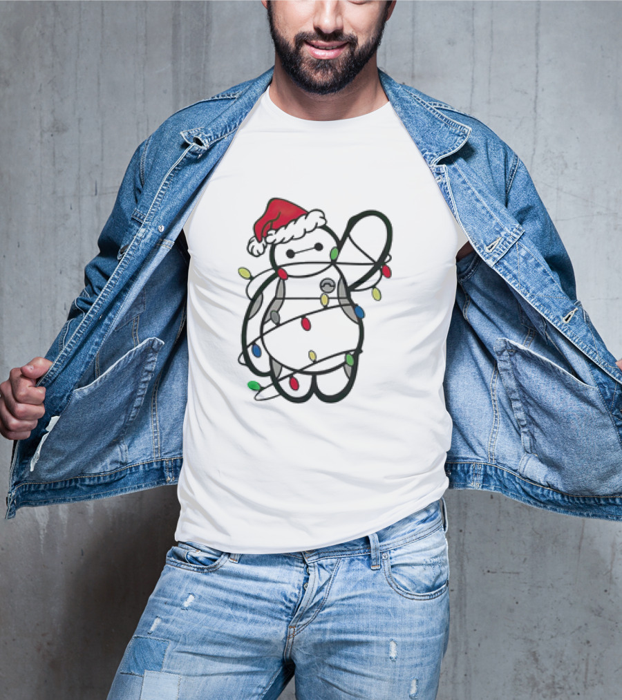 Baymax Wrapped In Christmas Lights Wearing Santa Hat T-Shirt